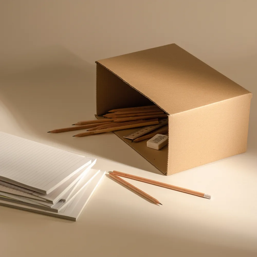 Pencils, a ruler and an eraser spilling out of an open cardboard box next to a stack of exercise books