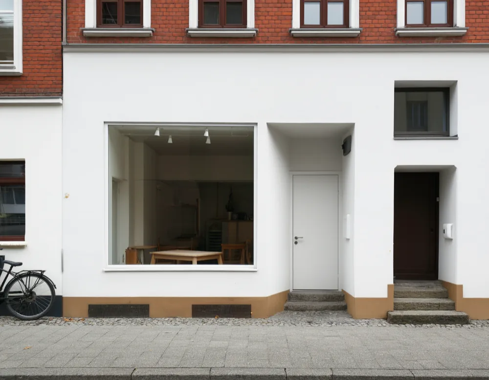The Lernkiste shop unit seen from the street: a plain ground-floor unit in a brick apartment building
